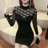 Women Maxi Dress Autumn and Winter Lace Turtleneck Hip Bag Dress