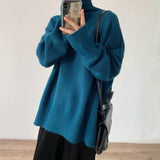 Women Knitted Pullover Red Sweater Turtleneck Coat Loose Sweater
