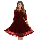 Women Evening Gown Summer round Neck 3/4 Sleeves Sexy Lace Dress