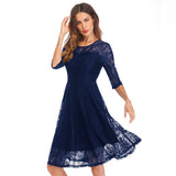 Women Evening Gown Summer round Neck 3/4 Sleeves Sexy Lace Dress
