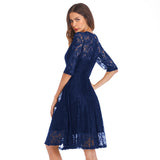 Women Evening Gown Summer round Neck 3/4 Sleeves Sexy Lace Dress