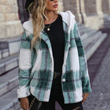 Women Trench Coat Fall Winter Hooded Long Sleeve Plaid Mid-Length Loose Gold Mink Velvet Coat