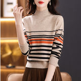 Women Knitted Pullover Autumn and Winter Knitting Slim-Fit Turtleneck Striped Sweater