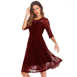 Women Evening Gown Summer round Neck 3/4 Sleeves Sexy Lace Dress