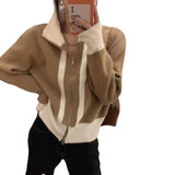 Women Knitwear Autumn and Winter Loose Stand Collar Double Zipper Knitted Cardigan