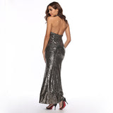 Women Evening Gown Summer Stand Collar Sleeveless Backless Sexy Sequins Dress