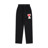 Ami aheoine heart embroidered straight-leg couple's sweatpants - drawstring elastic waist casual athletic pants