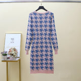 Women Maxi Dress Autumn and Winter Long Sleeve round Neck Houndstooth Knitted Sheath Dress