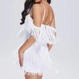 Women Evening Dress Sexy Tassel V-neck Strap Backless Bandage Evening Dress