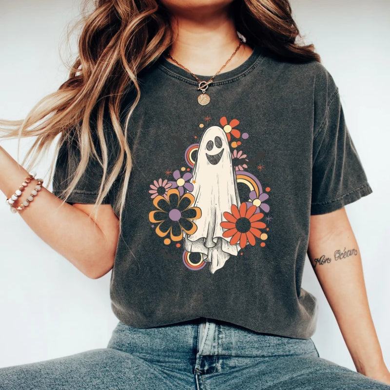 Washed Vintage Ghost Halloween Print T-Shirt Crew Neck