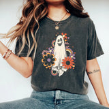 Washed Vintage Ghost Halloween Print T-Shirt Crew Neck