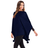 Women Knitted Sweater Autumn Fur Ball Solid Color Cape and Shawl Diamond Knitted Cloak