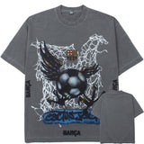 Hip-hop t-shirts, american high street style, short sleeve football print, washed vintage distressed loose fit crew neck tee
