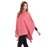 Women Knitted Sweater Autumn Fur Ball Solid Color Cape and Shawl Diamond Knitted Cloak