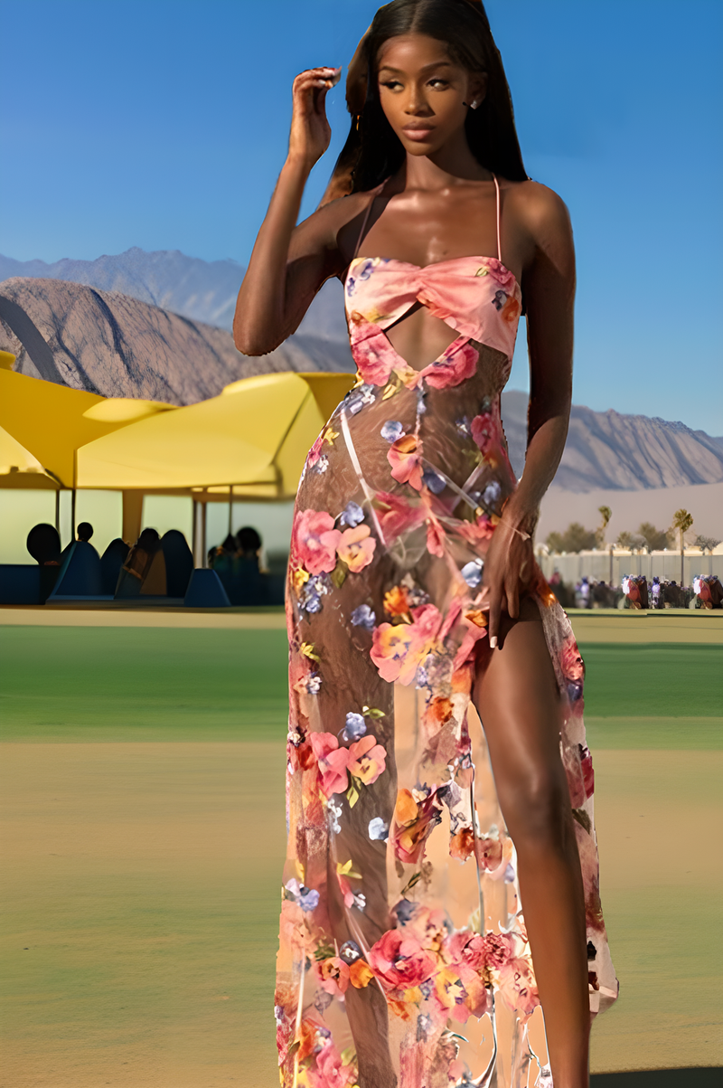 Coachella Dress Sexy Fashion Mesh Embroidered Perspective Suspender Dress