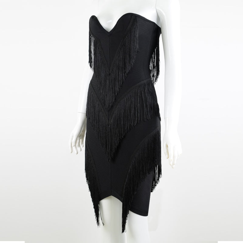 Women Evening Dress Sexy Tassel Formal Dress V-neck Bandage One-Piece Dress