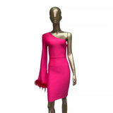 Women Dresses Bandage Dress One Shoulder Feather Flare Sleeve Slim Fit Party Dress Skirt (Ont0408)