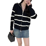 Women Knitted Cardigan Contrast Color Striped Lapel Sweater Coat Retro Loose Knitted Cardigan