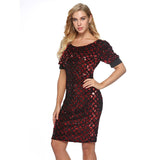 Women Evening Gown Puff Sleeve Sheath Sexy Sequins Dress