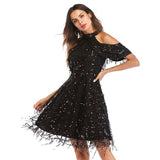 Women Evening Gown Summer Stand Collar off Shoulder Tassel Sexy Sequins Dress