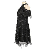 Women Evening Gown Summer Stand Collar off Shoulder Tassel Sexy Sequins Dress