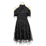 Women Evening Gown Summer Stand Collar off Shoulder Tassel Sexy Sequins Dress