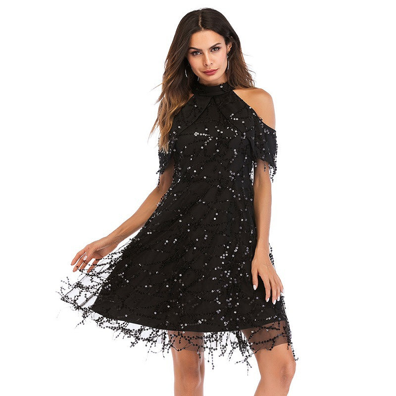 Women Evening Gown Summer Stand Collar off Shoulder Tassel Sexy Sequins Dress