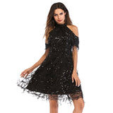 Women Evening Gown Summer Stand Collar off Shoulder Tassel Sexy Sequins Dress