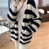 Women Knitted Cardigan Vintage Stripe V-neck Knitted Sweater Cardigan