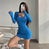 Women Maxi Dress Autumn and Winter Sexy U Collar Slim-Fit Long-Sleeved Knitted Sheath Dress