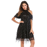 Women Evening Gown Summer Stand Collar off Shoulder Tassel Sexy Sequins Dress