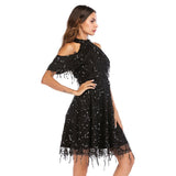Women Evening Gown Summer Stand Collar off Shoulder Tassel Sexy Sequins Dress
