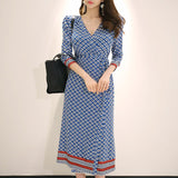 Women Maxi Dress Spring and Autumn Sexy V-neck Printed Slim Fit Dress