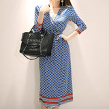 Women Maxi Dress Spring and Autumn Sexy V-neck Printed Slim Fit Dress