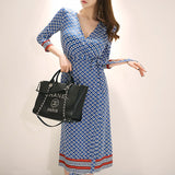 Women Maxi Dress Spring and Autumn Sexy V-neck Printed Slim Fit Dress