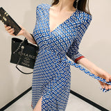 Women Maxi Dress Spring and Autumn Sexy V-neck Printed Slim Fit Dress