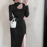 Women Maxi Dress Autumn Winter Sexy Hollow-out Hip Skirt