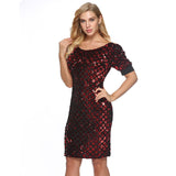 Women Evening Gown Puff Sleeve Sheath Sexy Sequins Dress