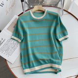 Women Sweater Knitwear Striped Loose Short Sleeve Knitted T-shirt Female Student O-neck Short Top