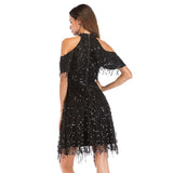 Women Evening Gown Summer Stand Collar off Shoulder Tassel Sexy Sequins Dress