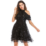 Women Evening Gown Summer Stand Collar off Shoulder Tassel Sexy Sequins Dress