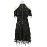 Women Evening Gown Summer Stand Collar off Shoulder Tassel Sexy Sequins Dress