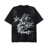 Hip-hop t-shirts: american high street hip-hop retro flame starry sky summer washed distressed trendy casual short-sleeve tee
