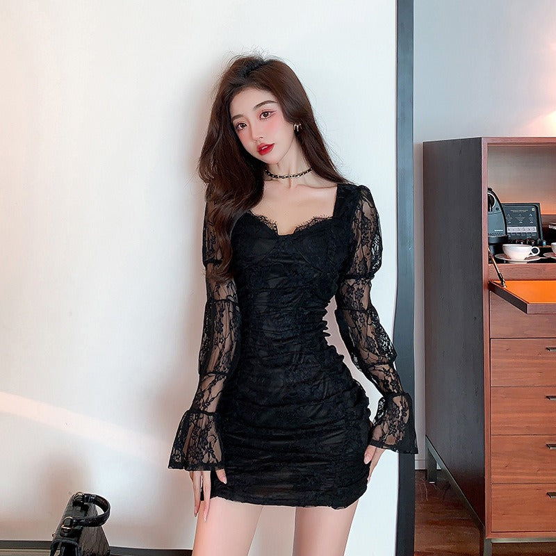 Women Maxi Dress Fall/Winter Square Collar Puff Sleeve Long Sleeve Lace Sheath Dress