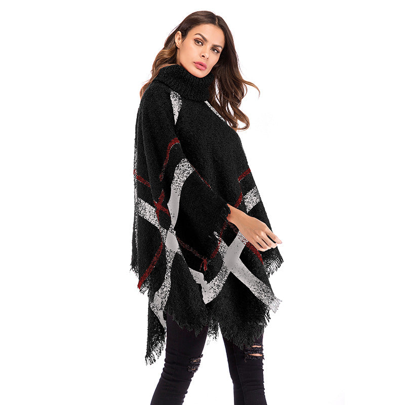 Women Knitted Sweater Autumn Irregular Plaid Tassel Turtleneck Cloak Long Sleeve Knitted Cape and Shawl
