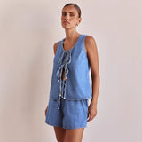 Women's pants: cross-border european and american style summer fashion casual sleeveless tie-waist high-waisted women's vest denim set shorts