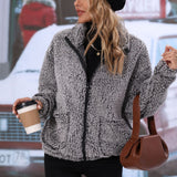 Women Trench Coat Autumn Lapel Long Sleeve Zipper Double-Sided Bubble Fleece Loose Casual Jacket