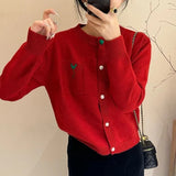 Women Knitted Cardigan Spring Cardigan Coat round Neck Love Embroidered Knitwear Top