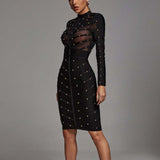 Women Evening Dress Mesh Long Sleeve Dress Bandage One-Piece Dress