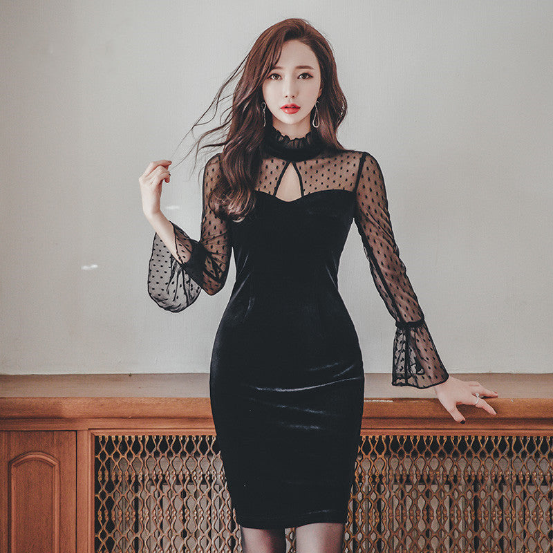 Women Maxi Dress Spring and Autumn Hip Skirt Mesh Long Sleeve Velvet Dress